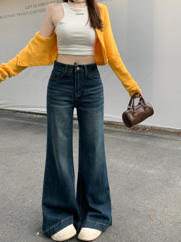 Vintage blue-gray washed scratched bootcut floor-length jeans