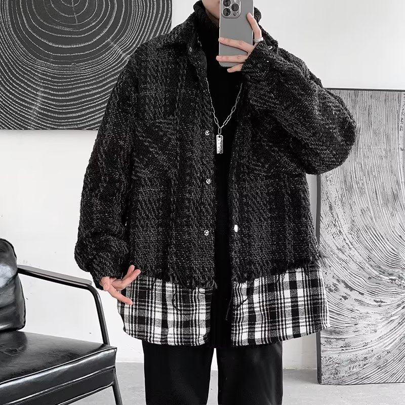 Fake two-piece small fragrant braided splicing plaid jacket men's trendy design niche casual handsome jacket