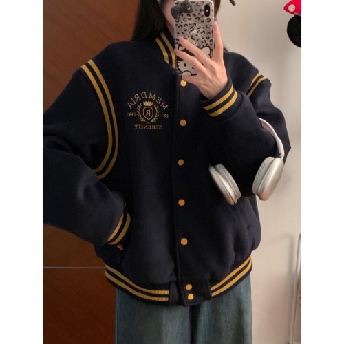 American college style contrasting color jacket for women autumn and winter new style navy blue loose quilted baseball jacket trendy