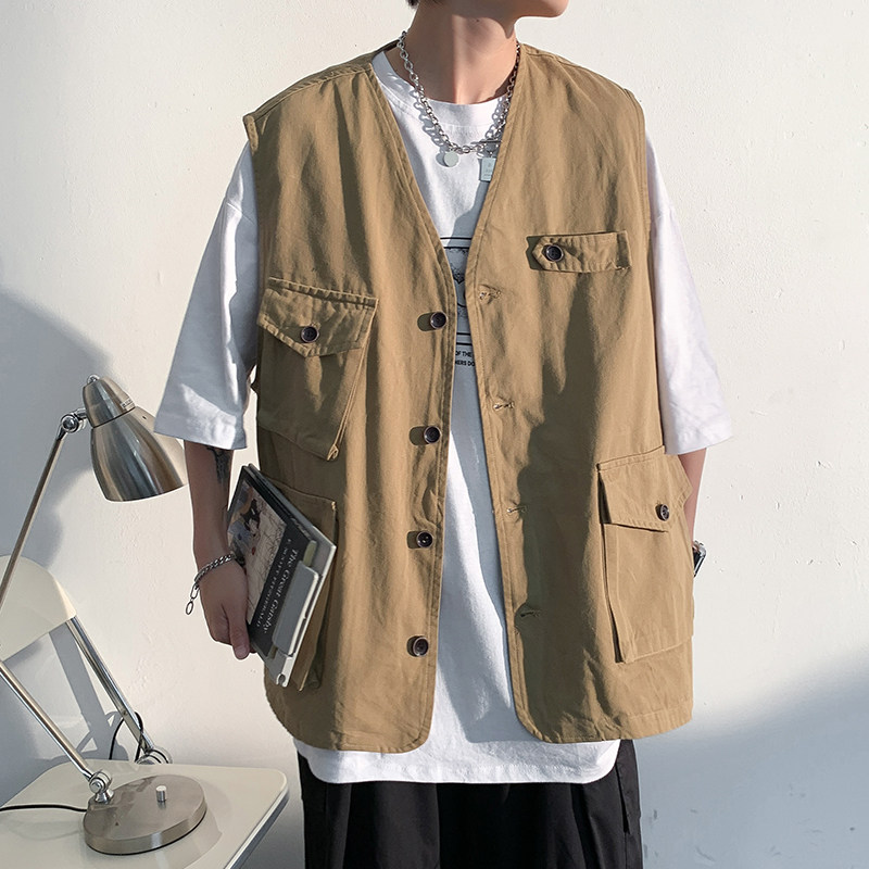 Spring hot sale outdoor large size workwear men's multi-pocket casual loose vest jacket
