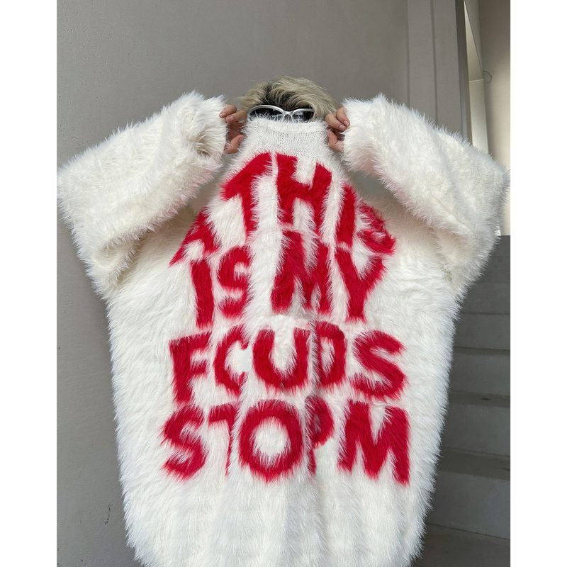 American Retro Mink Wool Letter Sweater Couple Loose Autumn and Winter Lazy Versatile Casual Knitted Sweater Top