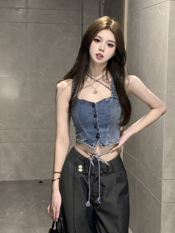 Pure Desire Denim Camisole + Summer Low Waist Slimming Wide Leg Straight Hot Girl Casual Long Pants Women