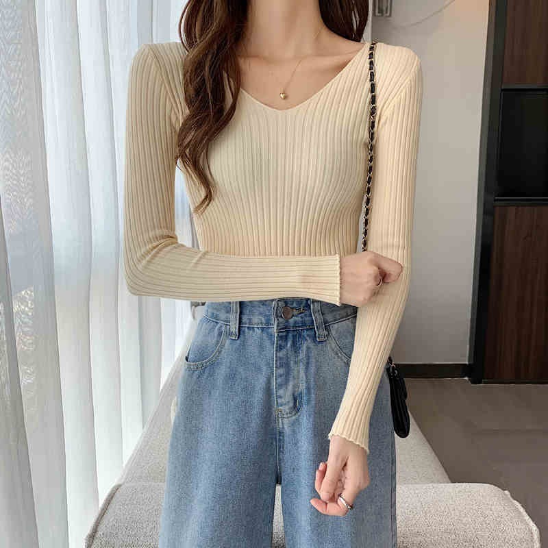 Autumn and winter new versatile slim v-neck long-sleeved bottoming sweater, fashionable low-neck inner sweater for women