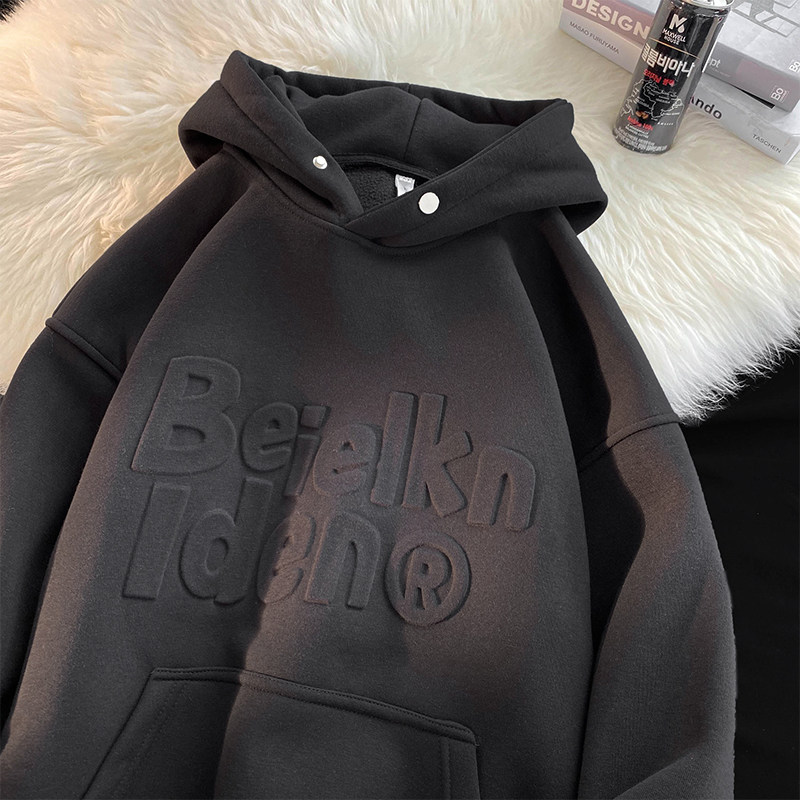 Huamian composite polar fleece letter stamped love hooded wine red sweatshirt