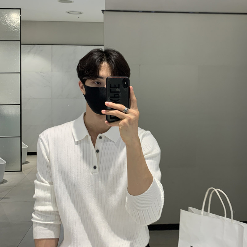 Autumn and winter Korean style polo shirt lapel sweater men's long-sleeved Hong Kong style solid color inner knitted bottoming shirt top clothes