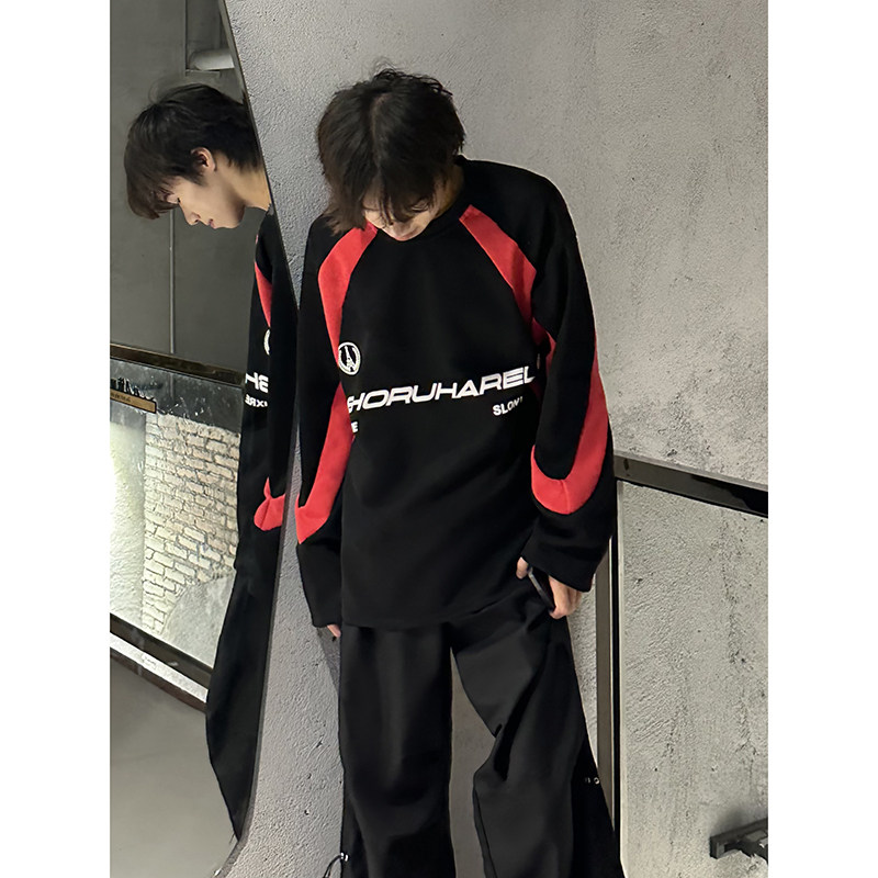 American ins high street dark loose spliced ​​round neck sweatshirt T-shirt