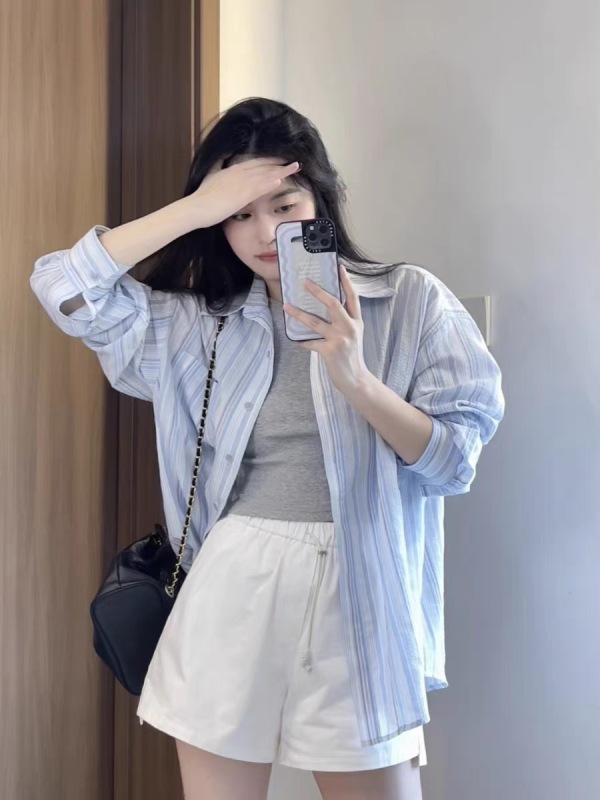 French blue vertical stripes sun protection long-sleeved shirt jacket women's outer shirt cardigan outer top
