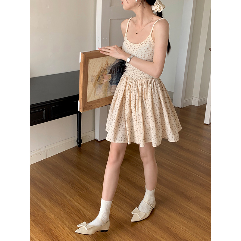 Real shot of retro gentle splicing small floral slimming dress long skirt/short skirt 2023 summer Korean version