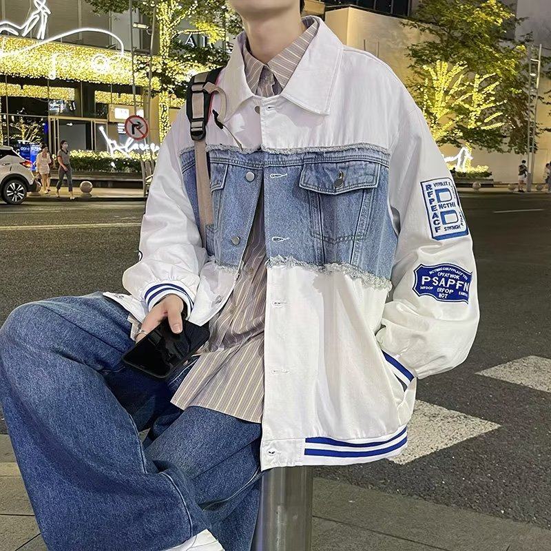 Autumn retro personalized denim splicing jacket American trendy loose casual jacket for men
