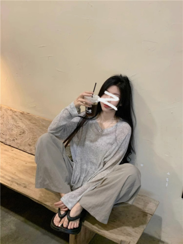 Simple pullover loose long-sleeved sun protection shirt women's thin slightly see-through cover-up T-shirt outer top