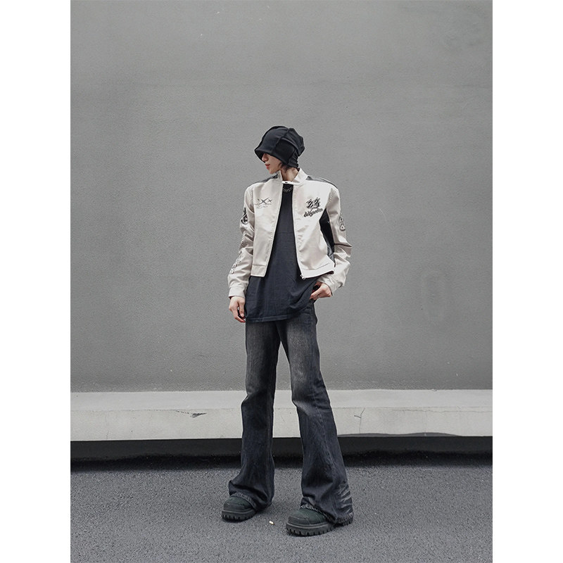 Black and gray micro-flare jeans high street vibe American retro pants washed narrow straight pants