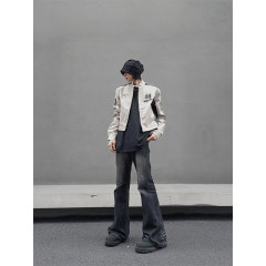 Black and gray micro-flare jeans high street vibe American retro pants washed narrow straight pants
