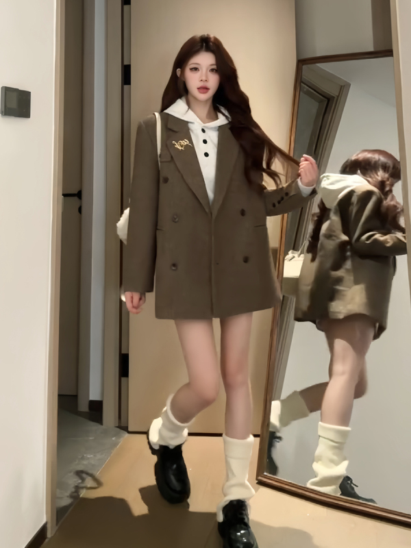 Brown short woolen suit jacket for women 2024 autumn and winter high-end loose thickened herringbone woolen suit