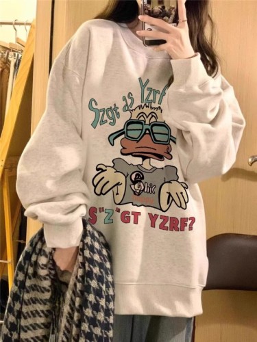 Round neck sweatshirt for women petite American retro lazy style loose hooded long-sleeved top