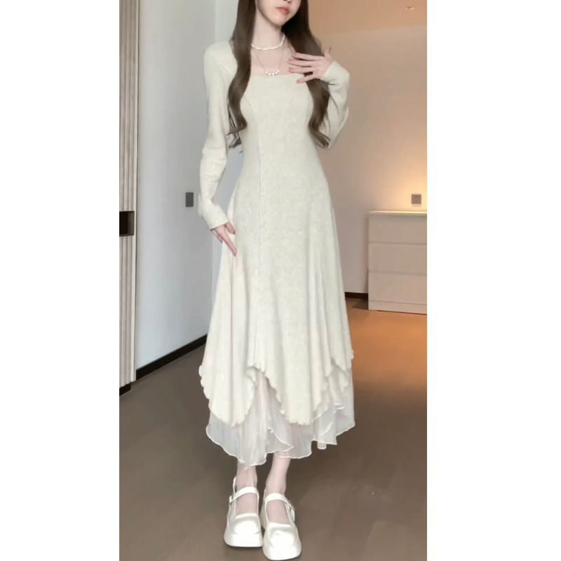 Knitted skirt elastic solid color irregular skirt dress slimming