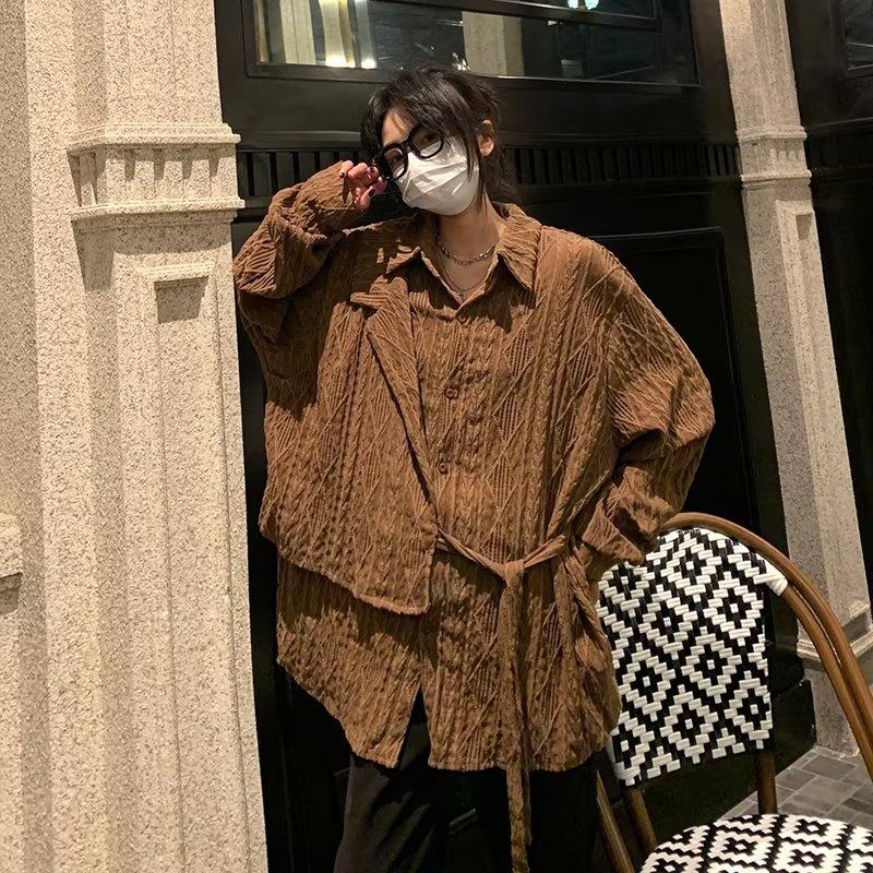 Harajuku ins hollow design three-dimensional jacquard trendy men's shirt with long sleeves