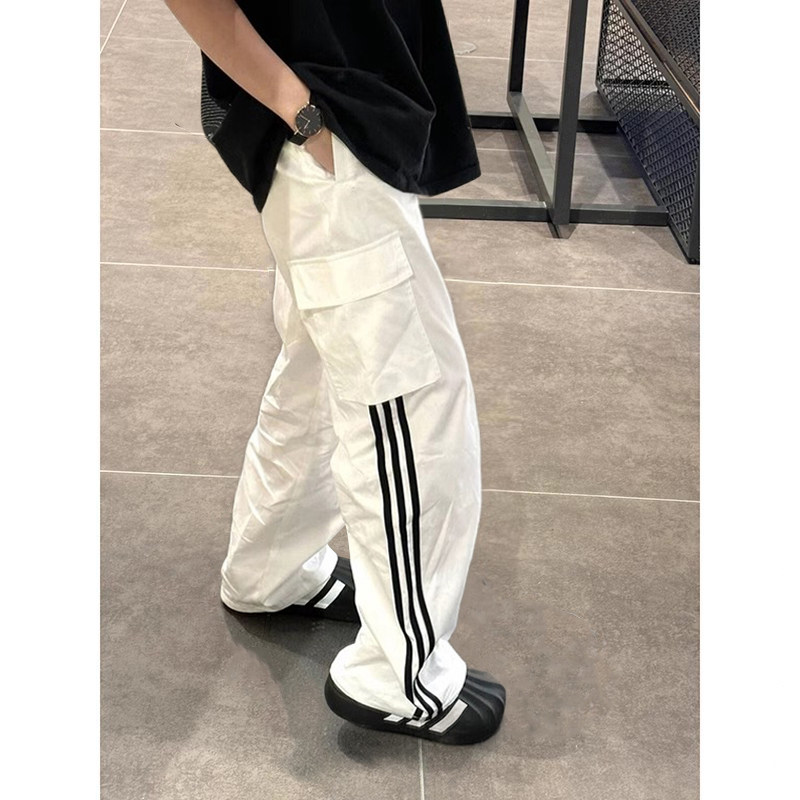 American retro striped splicing white paratrooper overalls pants for summer men