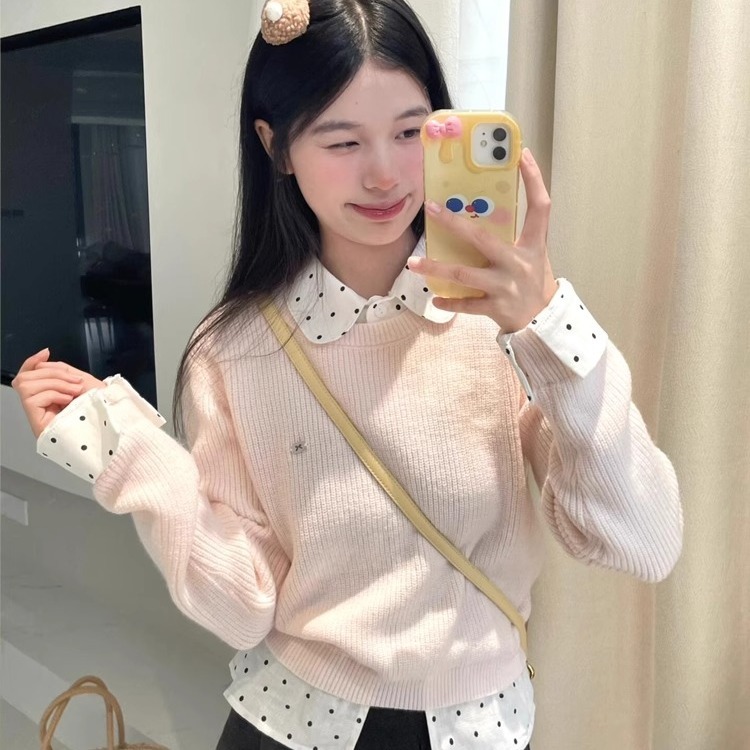 Real shot and real price~~Sweet fake two-piece spliced ​​polka dot long-sleeved sweater for women in autumn new style