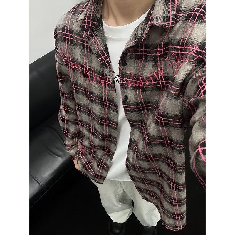 American retro embroidered plaid long-sleeved shirt for men, high-end plaid shirt jacket