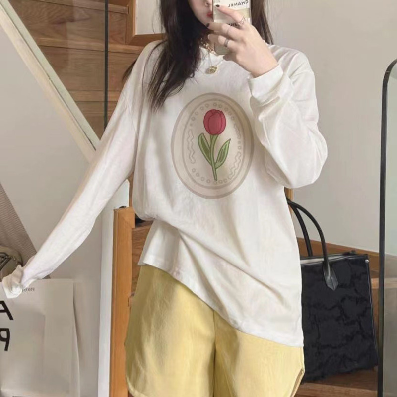 Pure cotton back-covered long-sleeved blouson T-shirt women's long-sleeved spring and autumn Korean style loose large size mid-length bottoming shirt top