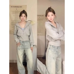 American retro gray hooded sweatshirt jacket for women spring and autumn small cardigan lazy loose short zipper top