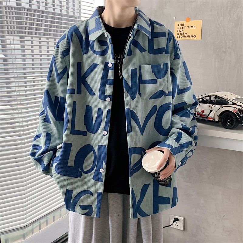 New Hong Kong style printed long-sleeved versatile loose shirt for men