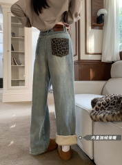 Actual shot and real price ~ Velvet and thickened leopard print pockets, retro, lazy, versatile, slimming denim straight pants