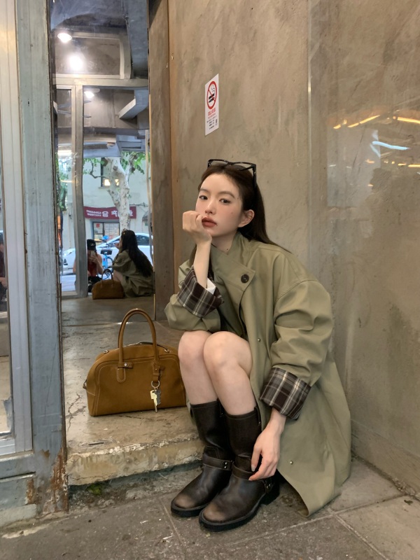 British style retro high-end contrasting mid-length loose windbreaker jacket