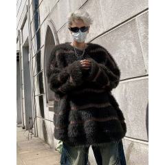 Contrast color striped imitation mink crew neck sweater for men, lazy trendy brand ins loose sweater