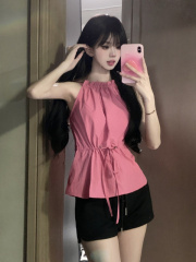 Actual shot of pink suspender design drawstring halterneck sleeveless hot girl top + leg-lengthening lazy casual shorts