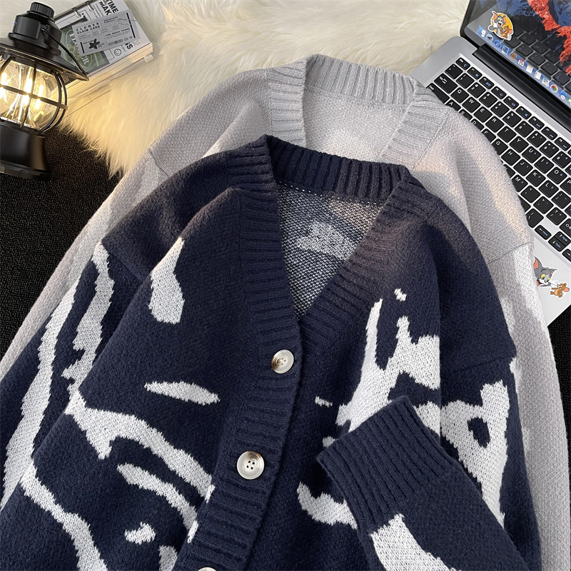 Spring and autumn American fashion brand V-neck cardigan knitted couple sweater jacket