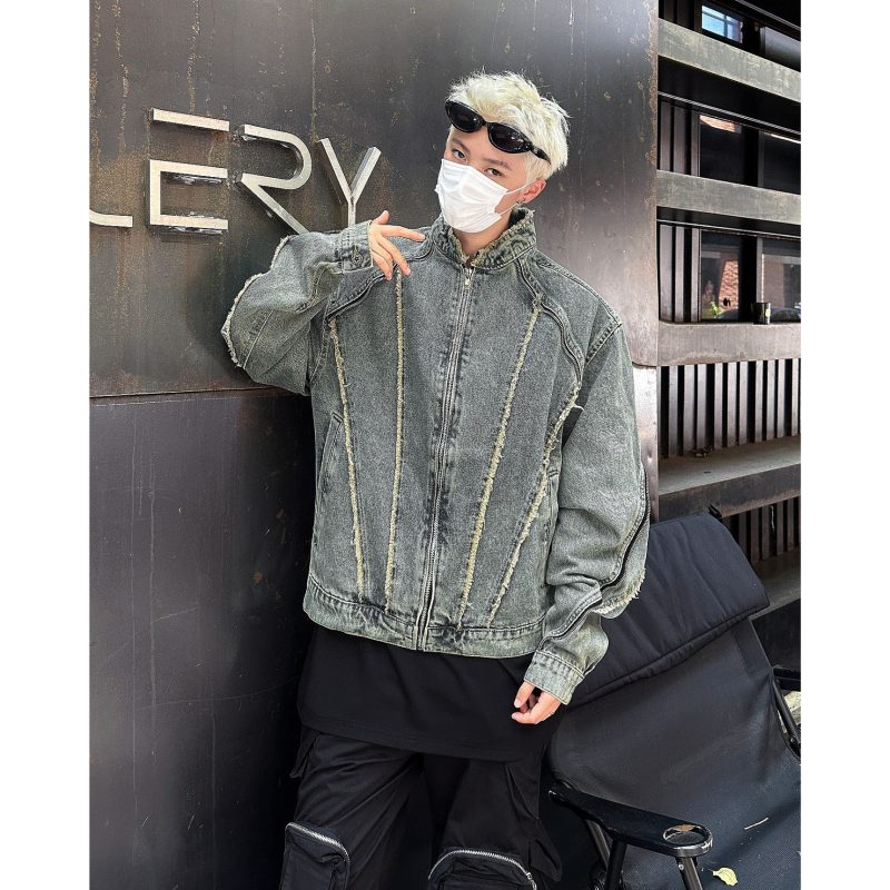 American retro washed denim jacket men's spring and autumn short motorcycle style stand collar handsome jacket trendy