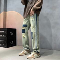 Summer splicing patches, fashionable casual jeans, micro-hole design, straight style trend
