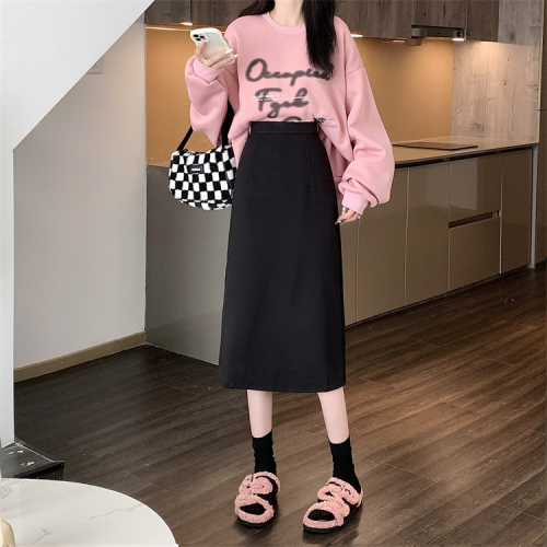New Korean style thickened versatile solid color mid-length woolen skirt for women