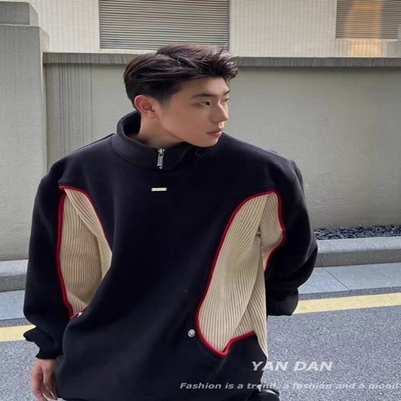 Men's and women's same style coat long sleeve autumn Korean style men's half zipper stand collar stitching high-end contrast sweatshirt