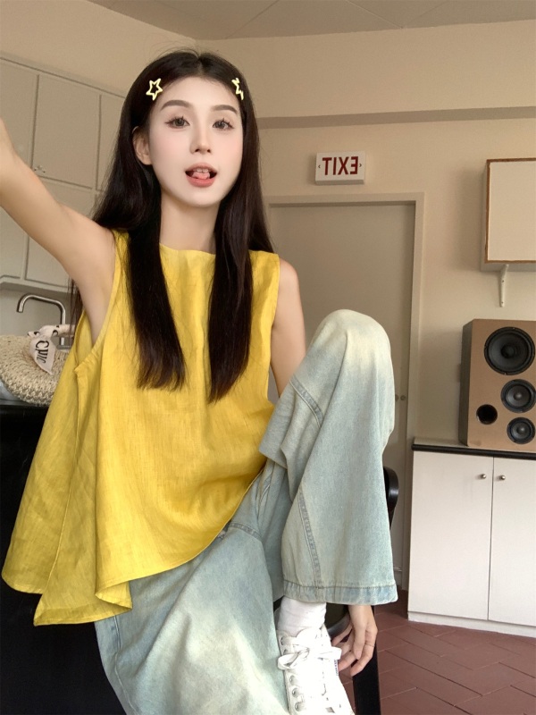 Actual shot ~ Dopamine girl’s simple, fresh and colorful linen vest top