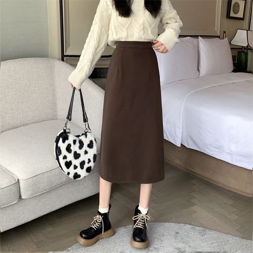 New Korean style thickened versatile solid color mid-length woolen skirt for women