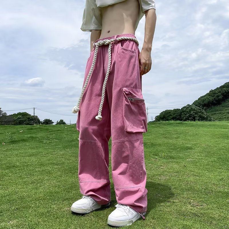 American dopamine hip hop drawstring overalls for men and women, spring and autumn style retro street pink straight wide leg pants