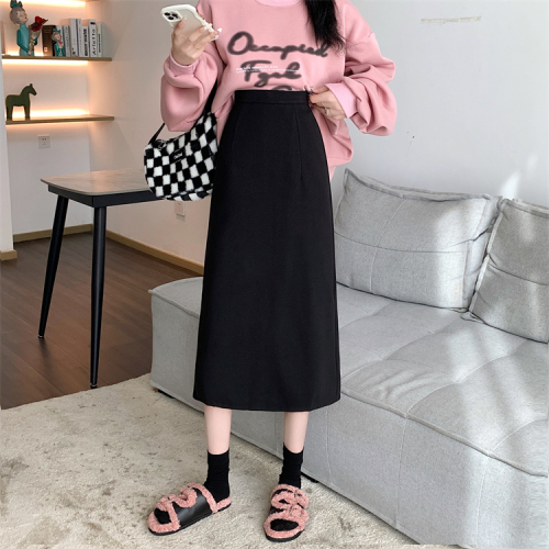 New Korean style thickened versatile solid color mid-length woolen skirt for women