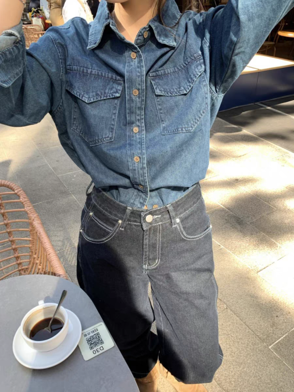 Hong Kong style retro Polo collar denim shirt for women 2024 spring mid-length loose inner top