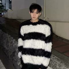 Striped contrast sweater, trendy Korean style, warm knitted sweater with lazy atmosphere