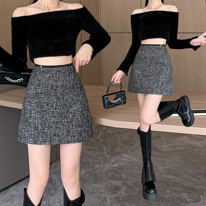 Fashion hip-hugging skirt 2024 autumn and winter new high-end gray sequined wool A-line skirt feminine skirt