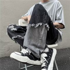 Black ripped jeans summer thin straight leg loose trendy damaged raw edge washed jeans