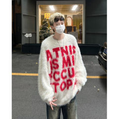 Retro letter jacquard mink sweater men's autumn and winter new loose and versatile sweater