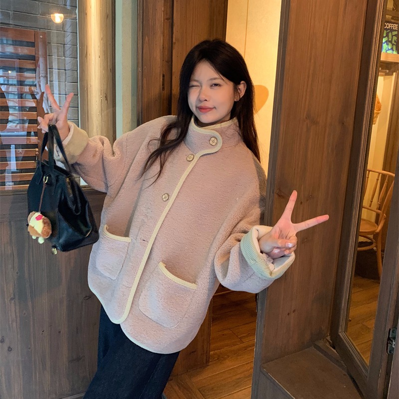 Japanese and Korean style milk fufu fur all-in-one lamb wool thick coat for women