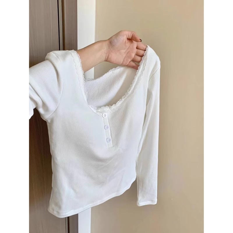 Autumn and winter Korean version of slim-fitting lace long-sleeved T-shirt for women, slim inner layer, short bottoming shirt, German velvet warm top