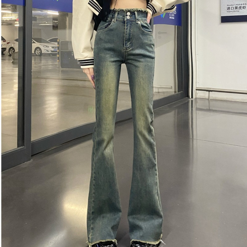 Retro hot girl stretch micro-flare jeans women's design high-waisted loose wide-leg pants floor-length trousers