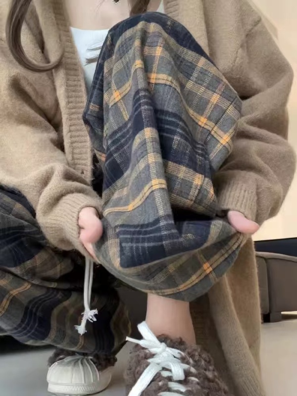Yellow Plaid Pants Women's Autumn and Winter 2024 New High Waist Drape Casual Pants Loose and Long for Tall People