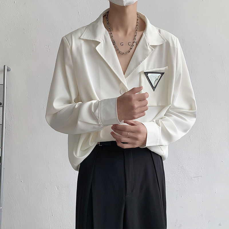 High-end men's shirt design niche triangle logo loose casual long-sleeved shirt