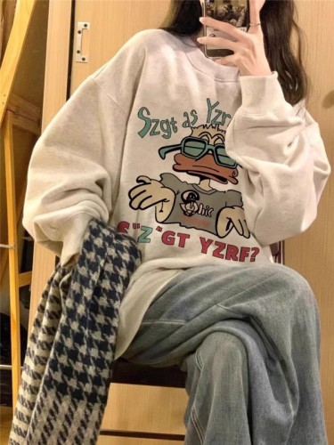 Round neck sweatshirt for women petite American retro lazy style loose hooded long-sleeved top